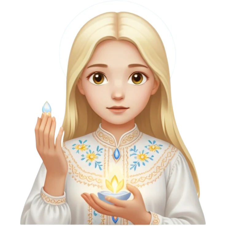 Young Ukrainian girl with blonde hair wearing a traditional white embroidered shirt (vyshyvanka) gently holding a glowing ethereal light representing the soul in her hands emoji