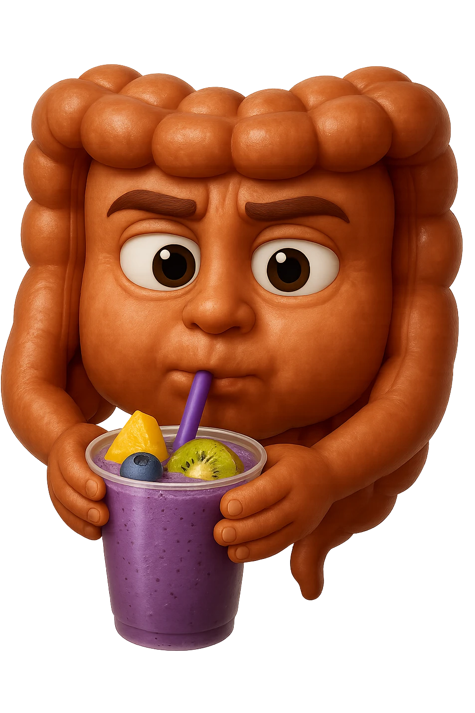 EMOJI STILE IPHONE DI un intestino umano anatomico che beve un frullato di mirtilli, ananas, kiwi, fagli anche la parte bianca degli occhi, non solo le pupille, REALISTICo 4K emoji