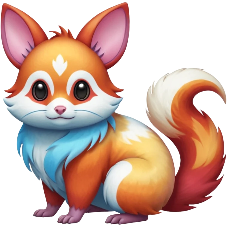  Shiny iridescent light warmly colored reddish-orange-gold-gradients vibrant bioluminescent colorful pastel flourishing flurry fuzzy Absol-Minccino-Furret-Zangoose-Chinchilla-Stitch-fusion-animal-Fakémon-hybrid-creature, by griffsnuff emoji