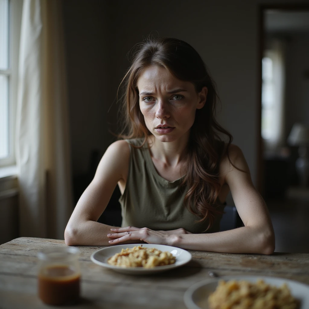hyperrealistic 4K image of a thin woman with sunken cheeks and dark circled eyes, anxious and stressed expression, sitting at a table in a domestic environment with a small meal, natural light, detailed emoji