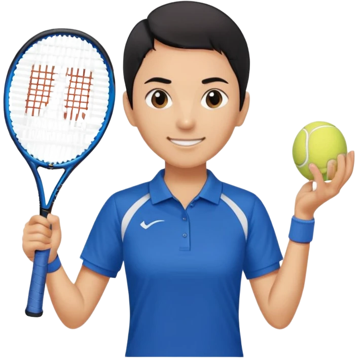 light brown skinned tennis coach, short straight black hair with widow's peak, oval face, small eyes, smiling, holding blue Yonex tennis racket, wearing dark navy blue dry fit shirt emoji