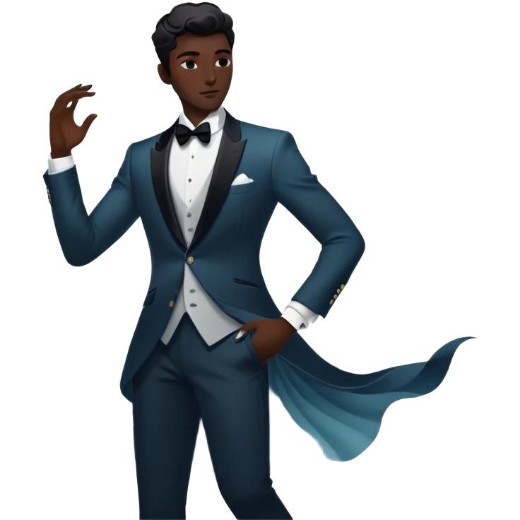 Ethereal male fashion silhouette with formal wear and subtle energy waves, floating style essence, masculine inspiration emoji