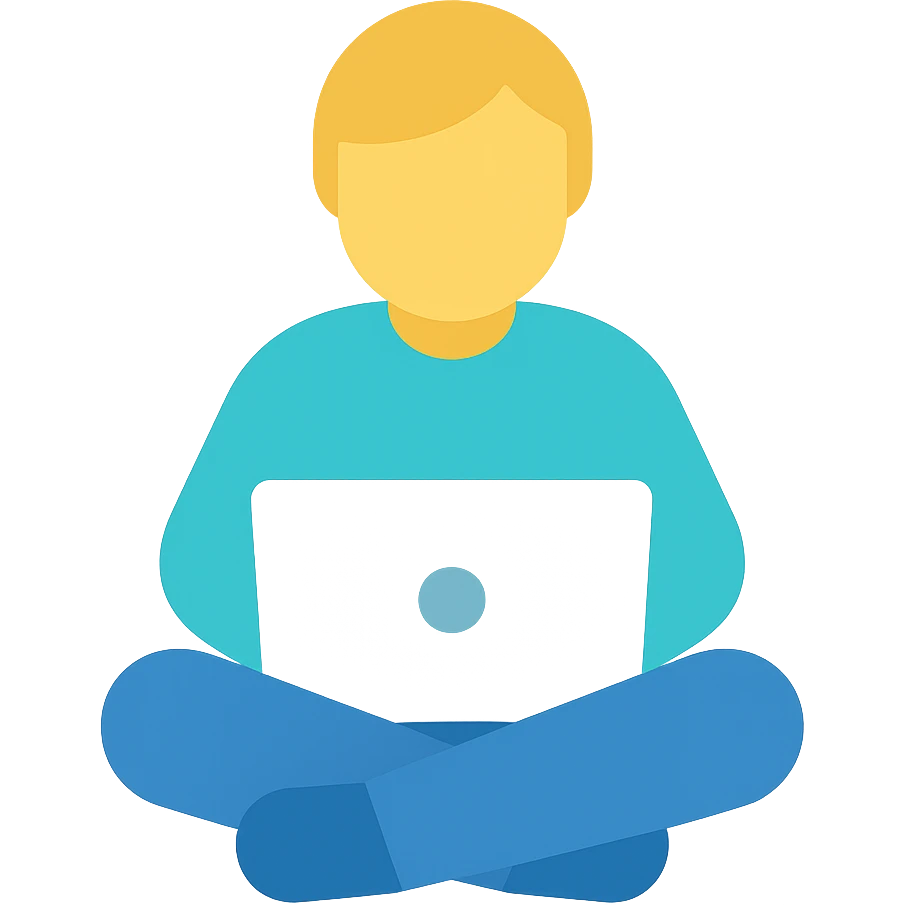 Person sitting with a laptop, flat emoji style, outline with blue and turquoise colors emoji