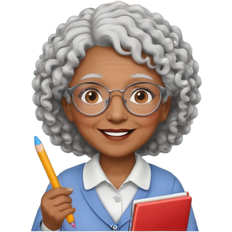 old woman teacher, brown skin, curly grey white hai, wearing glasses, hold chalk on hand emoji