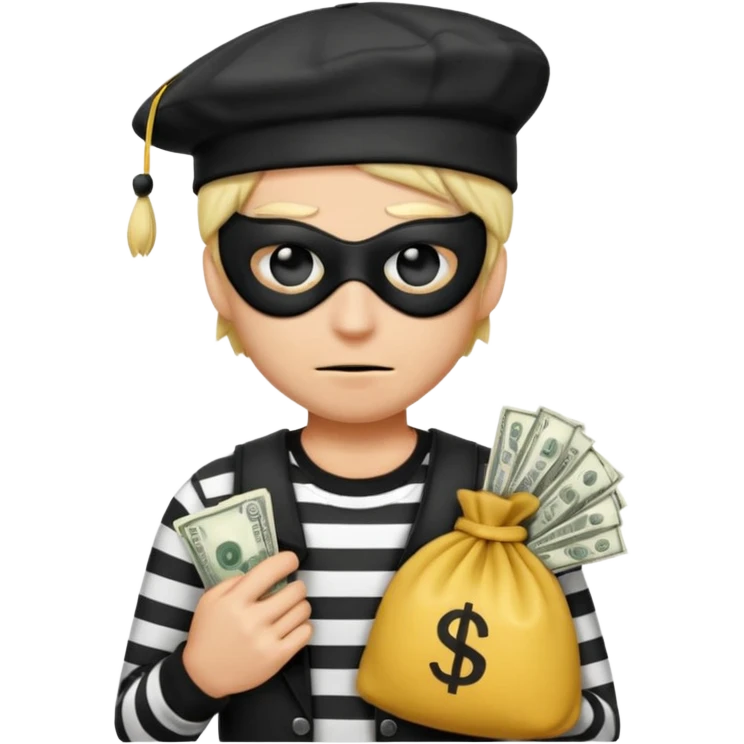 Realistic ios emoji-style portrait of a classic burglar, a black eye mask and a black-and-white striped shirt. emoji-like hair, black hat, a bag of money 💰 with a dollar sign in a right corner, evil expression  emoji