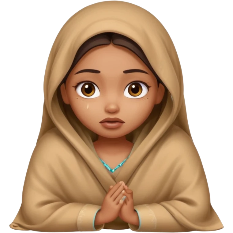 a pretty bratz fair indian girl wearing a brown pajamas and blnaket, dark circles, crying emoji