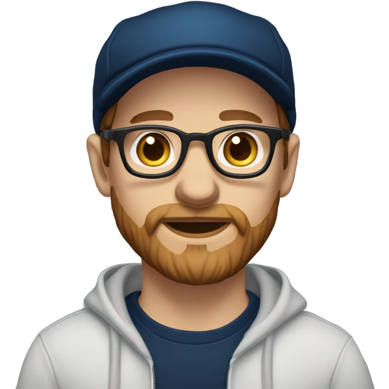 a white dude with blue eyes a brown beard and sideburns and thin frame glasses wearing a black newsboy hat a navy blue pull over hoodie and dark blue t shirt emoji