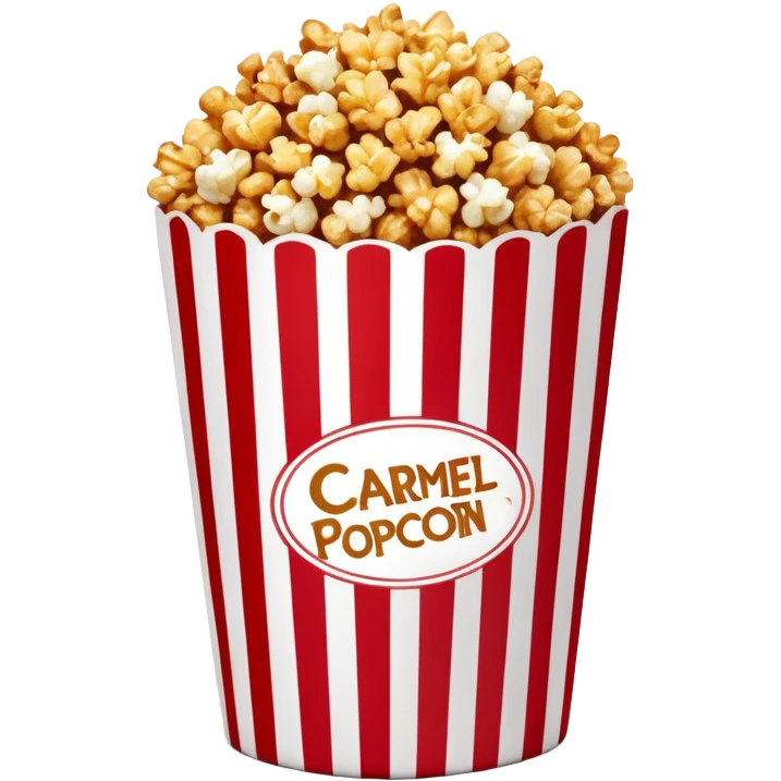 large package of caramel popcorn, red and white vertically striped package with thick stripes, golden brown caramel popcorn visible at the top, no text or labels on package, only stripe pattern, authentic Apple emoji style with glossy finish, prominent package size emoji