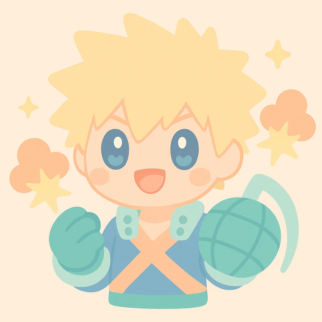 Katsuki Bakugo with explosive effects, spiky blond hair, anime style, My Hero Academia theme emoji