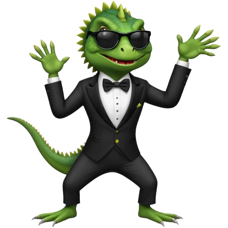 capitalist iguana banker in tuxedo and black sunglasses dancing crazy emoji