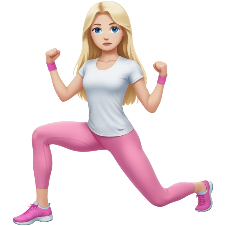 A cinematically realistic blonde with long hair and blue eyes, dressed in a white top and pink leggings, does a sports exercise called lunges emoji