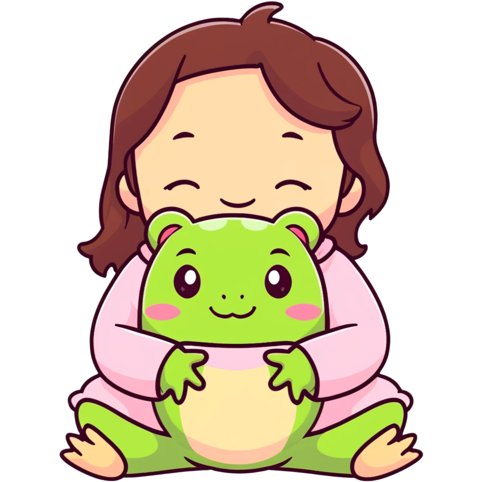 Adorable little brunette girl wearing light pink and hugging a soft frog face squishmallow  emoji