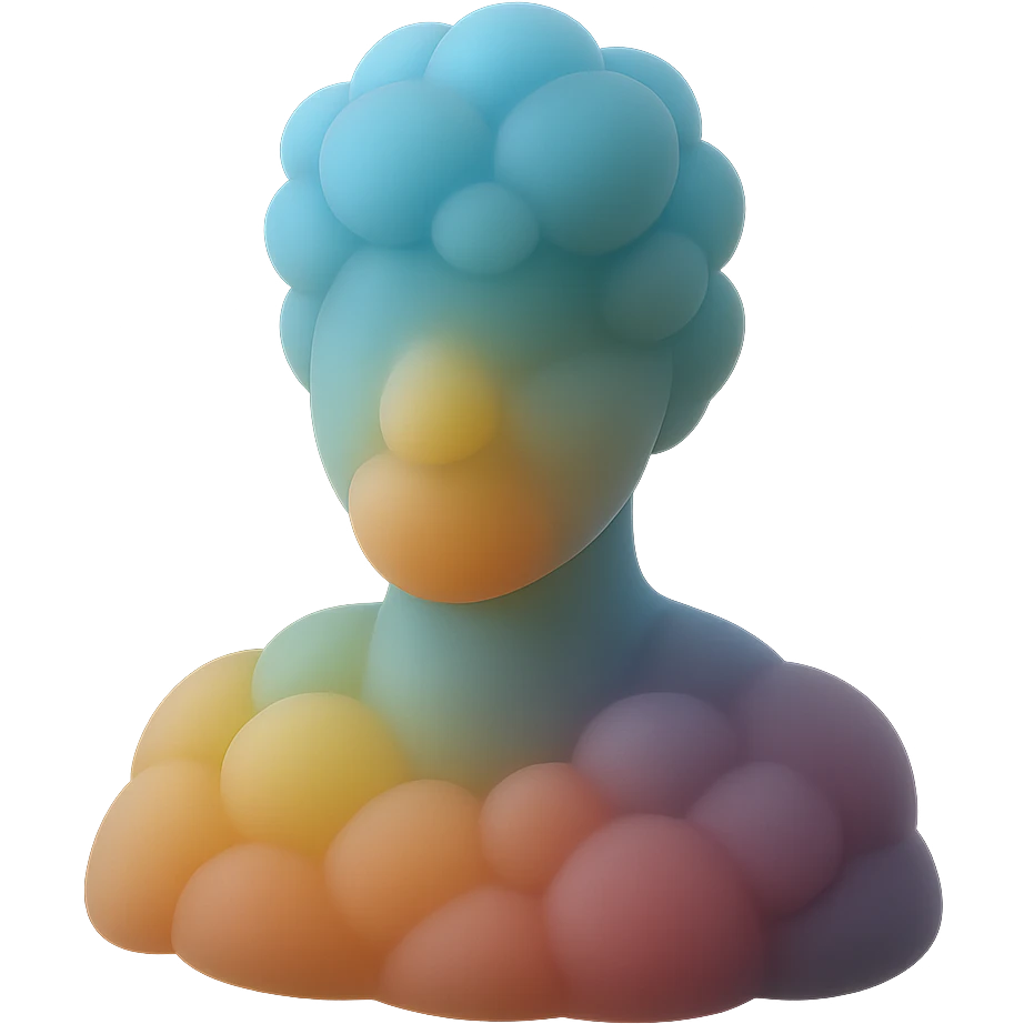 shoulder-up portrait of a person facing forward, fully composed of bright, convex clouds of different colors, matte glass style emoji