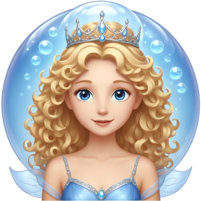 Elegant fairy with golden-blonde curls, a delicate silver crown, and sparkling blue eyes. She wears a shimmering light blue gown with a layered, ethereal design. Surrounded by a glowing, translucent bubble, radiating warmth and magic, with a bright, confident smile. emoji