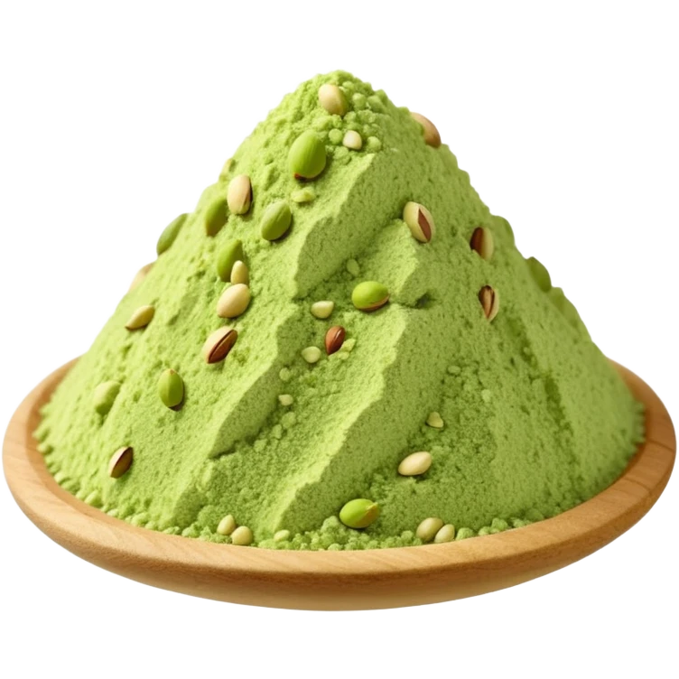 small mound of finely ground pistachio powder, soft crumbly texture, rich green color with pale beige flecks, irregular surface, natural grain, slightly matte finish, soft lighting, subtle shadows, emoji scale emoji