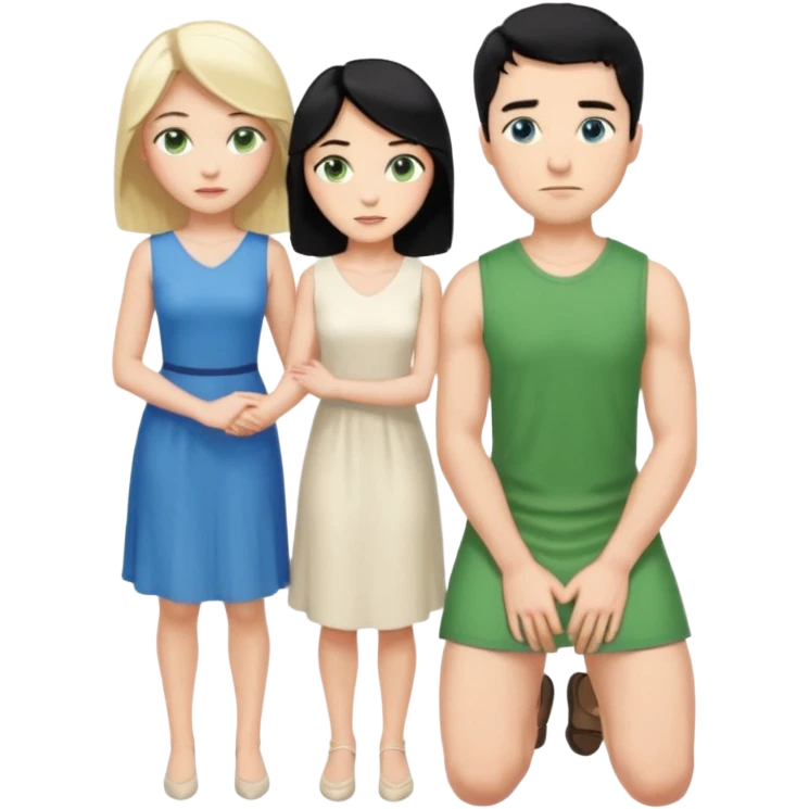 King, man, upright, black Hair, blue eyes, whole body, Woman, bending knees, blonde, green eyes, sleveless White Dress, emoji