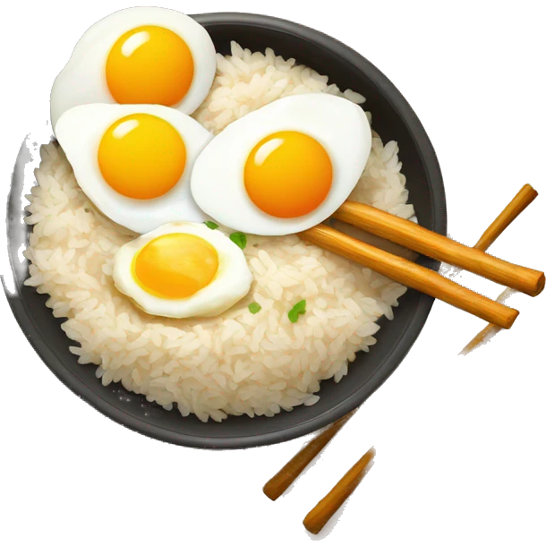 a bowl of rice with double sunny side up eggs and 2 chicken drumstick emoji