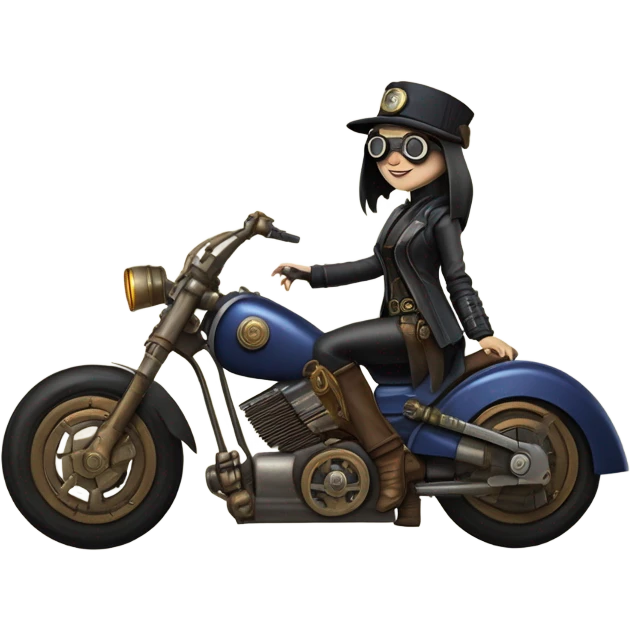 Bounty hunter Wednesday Addams Jedi wearing a pair of navy-blue rimmed steampunk goggles, hat, leather chaps, fringe jacket riding a relaxed distressed sci-fi 3 wheeled steampunk electric motorcycle with large fenders and saddlebags in desert town  emoji