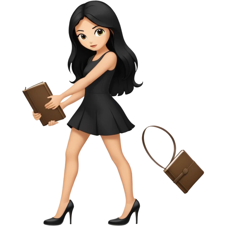 Bimbo in heels, black mini dress, long black hair tanned, hot, bending to pick up book from ground, hot,  only book.  emoji