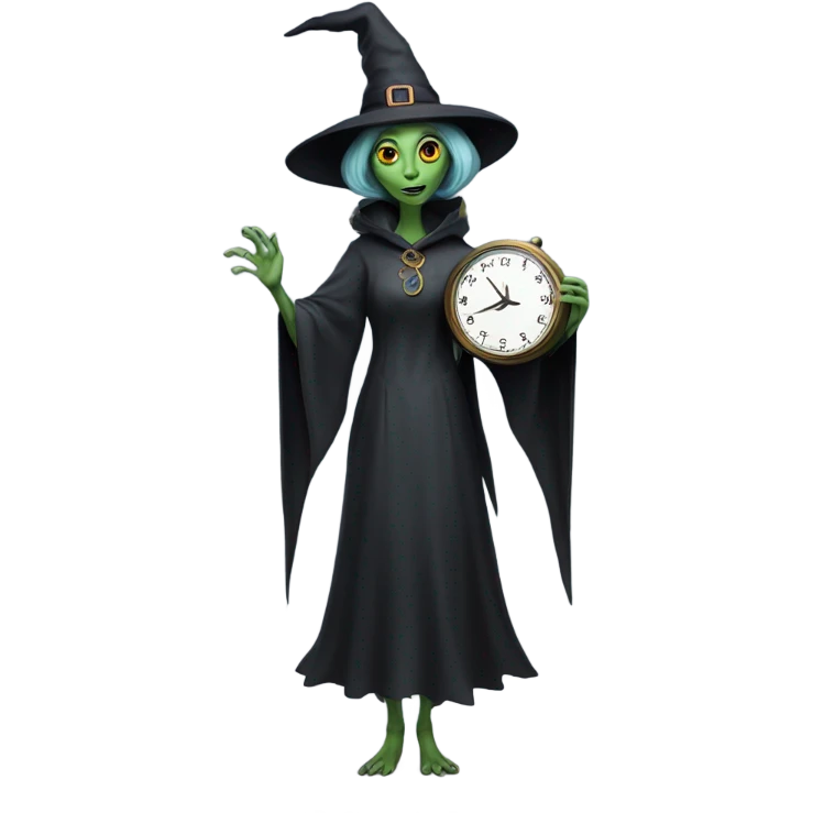a Reptilian alien woman, as witch, holding holding a big clock, full body, happy emoji