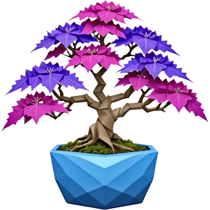 Futuristic wild alien maples Bonsai hair-fine-leaf group crimson crystal azalea purple and cream blue forest planting in shallow origami style pot  emoji