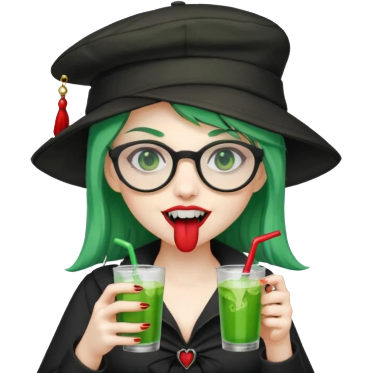 vampire green hair Drink holders with hat, wearing glasses, female,,teeth looks like vampire emoji