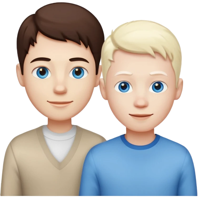 Two guys standing side by side, one is an albino with striking blue eyes and pale skin, the other is a brunette with warm brown eyes and a friendly smile, simple cartoonish style, clean lines, vibrant colors, emoji-style emoji
