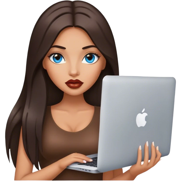 Glamours tanned very beautiful girl with big pump lips and dark chocolate straight smooth long hair, blue-grey eyes with MacBook emoji
