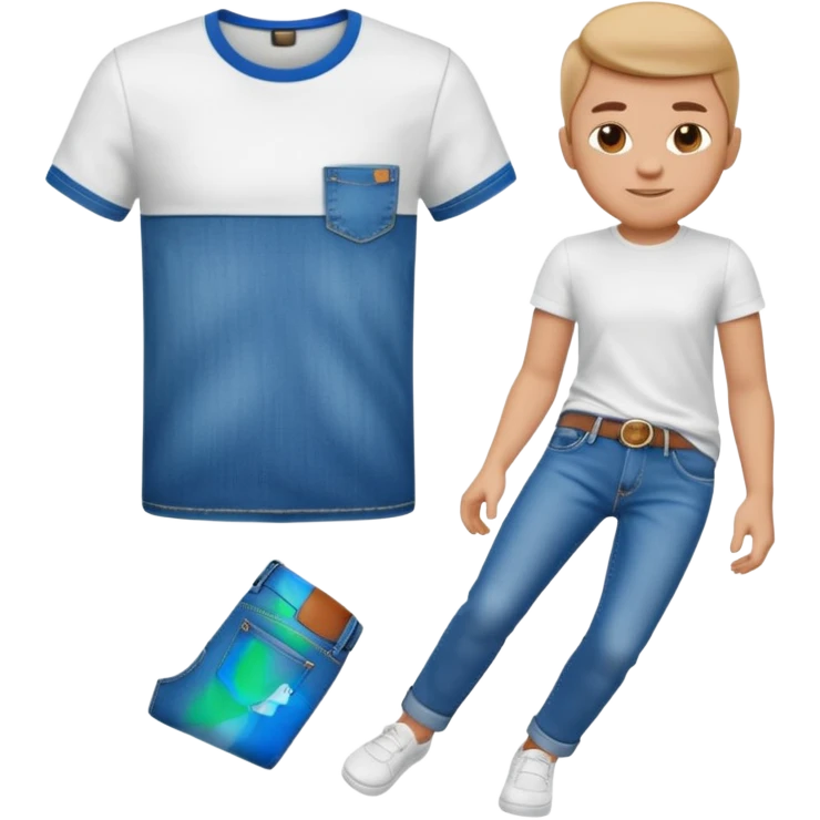 A 3D cartoon casual T-shirt and jeans outfit arranged on flat surface, bright lighting, Memoji-style realism. emoji