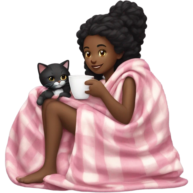black girl with long curly hair wrapped in a pink blanket with some leg out sipping hot chocolate with a black and white cat emoji
