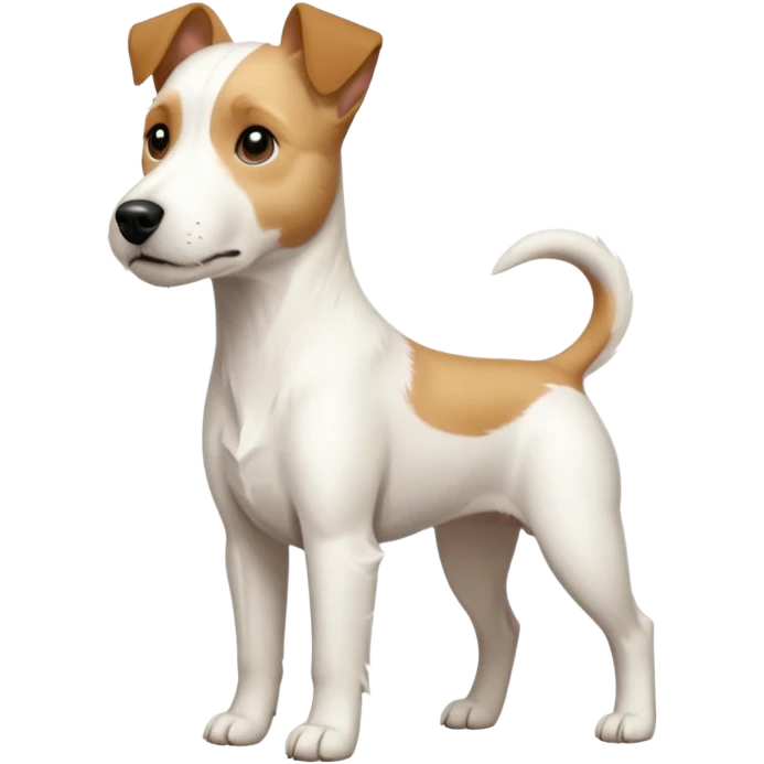 a full body facing front on of a buff white parson russell terrier looking dog the size of a kelpie with light brown long ears and a light brown patch on one eye and a large snout. the rest of the dog is completely white.  emoji