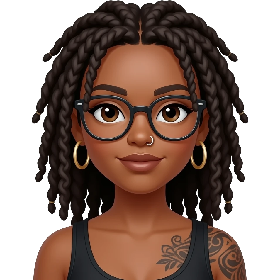 Black girl with locs, glasses, nose piercing,  hoop earrings and tattoo emoji