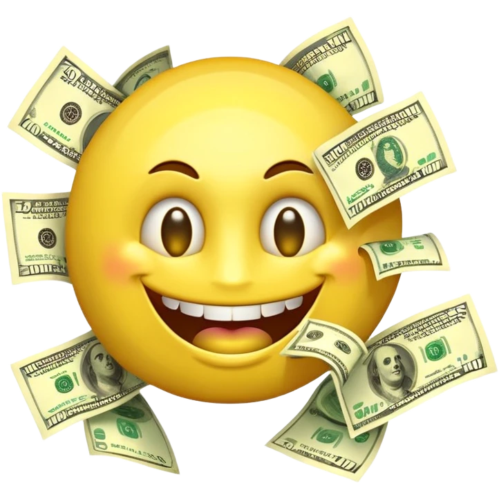 3D glossy emoji sticker, dollar-sign eyes, huge toothy grin, mouth stuffed with US dollar bills spilling out, floating banknotes, centered, transparent background emoji