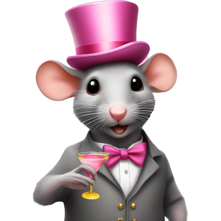 Rat with pink tophat hoding a cocktail emoji