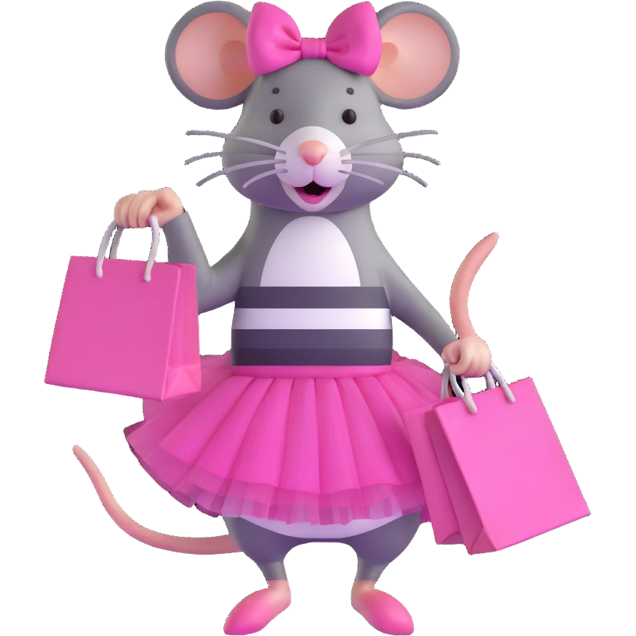 rat with a pink dress and tutu holding a black and white striped shopping bag emoji