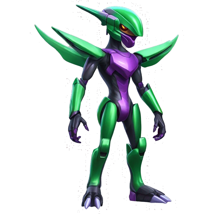 a shiny black-green-purple Genesect-Flygon-Raptor-Fakémon-Medabot-hybrid with a futuristic visor-helmet full body emoji
