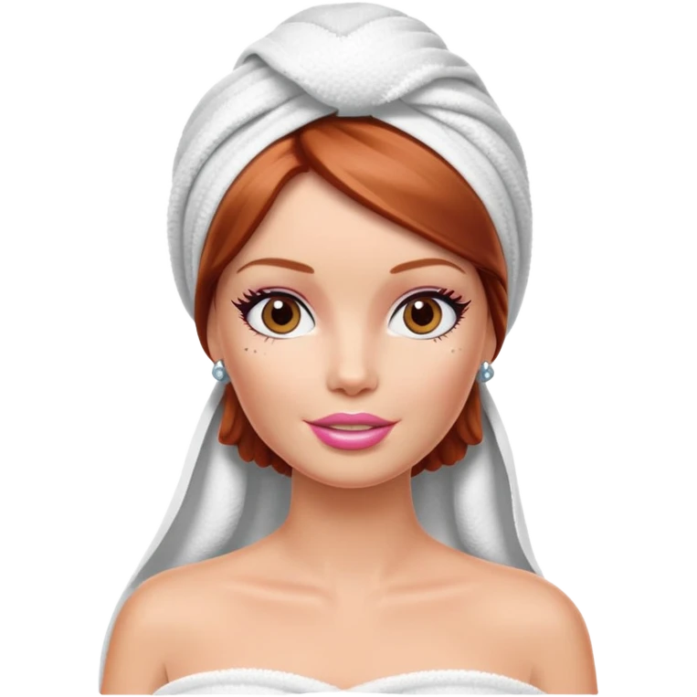 A Barbie face with shoulder-length reddish brown hair, makeup with cream on her face and a towel on her head emoji