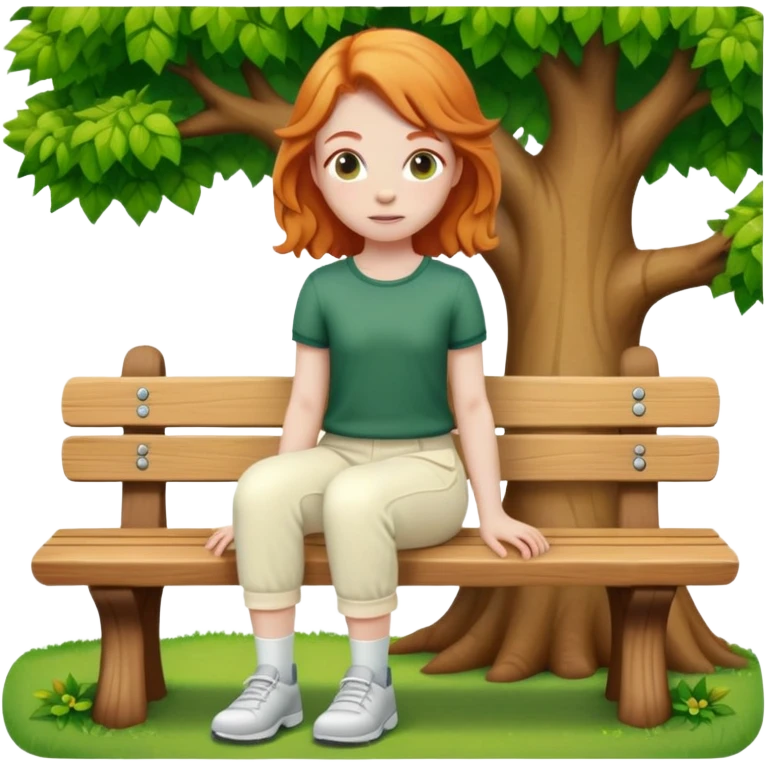 Green oak trees ginger girl sitting on bench wearing cream pants emoji