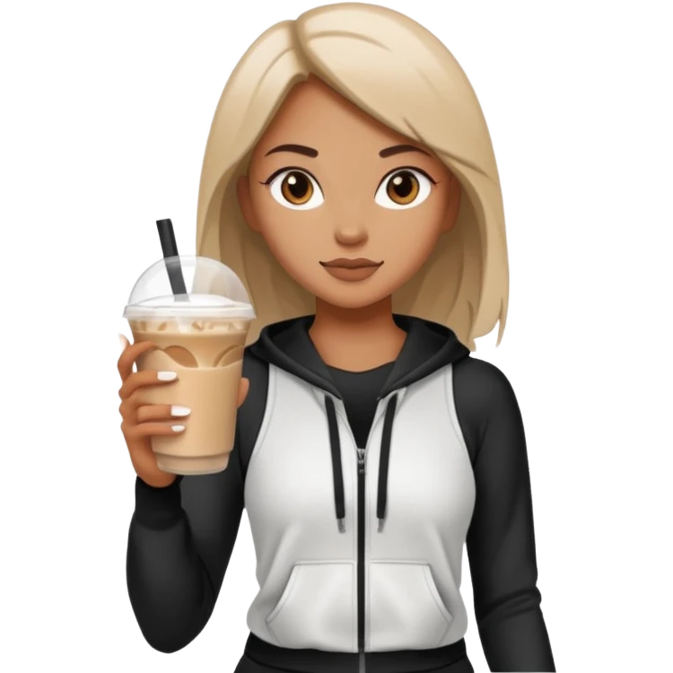 A girl on a hot girl walk in athleisure holding an iced latte emoji