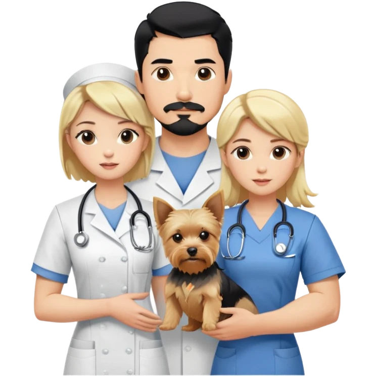A blonde white nurse stands beside a handsome, muscular Korean man with black hair styled in a sharp point, a full goatee, and a blonde Yorkshire Terrier in his arms emoji