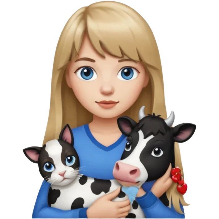 Apple-style emoji sticker of a young woman with long dark blond hair and bang, blue eyes , holding a cat black and white like a cow patch on her chest.  emoji