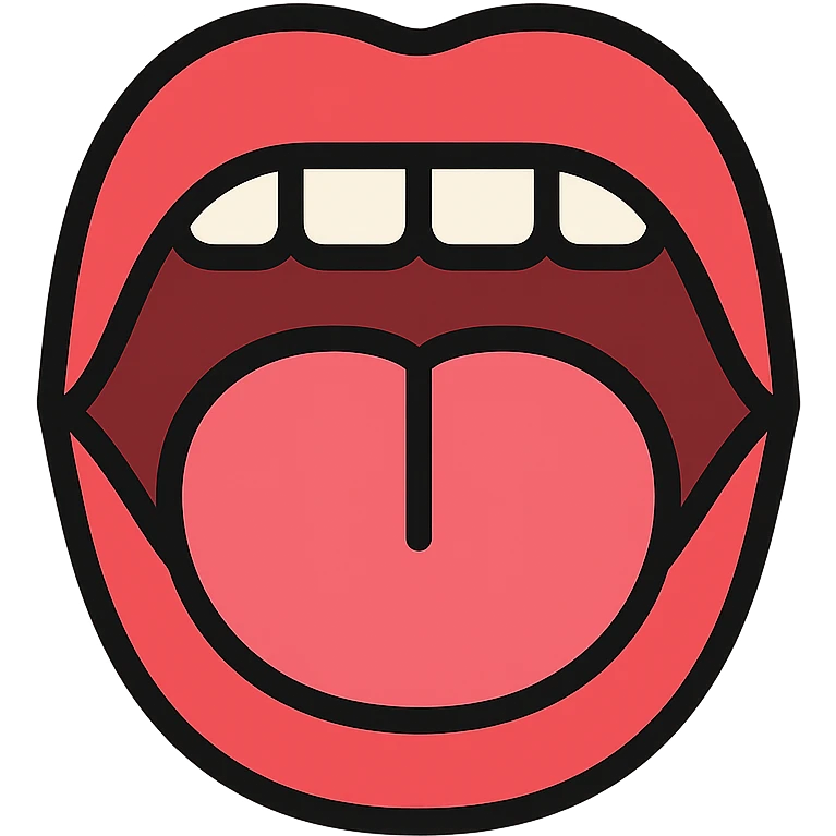 Schematic open mouth with visible tongue, symbolizing speech articulation and sound practice. Vector style, clean and sharp lines. Include realistic shadows and light reflections for depth. Minimalistic, educational design. Transparent background. High contrast between tongue, teeth, and lips for clarity. Flat illustration with soft shading, suitable for speech therapy materials emoji