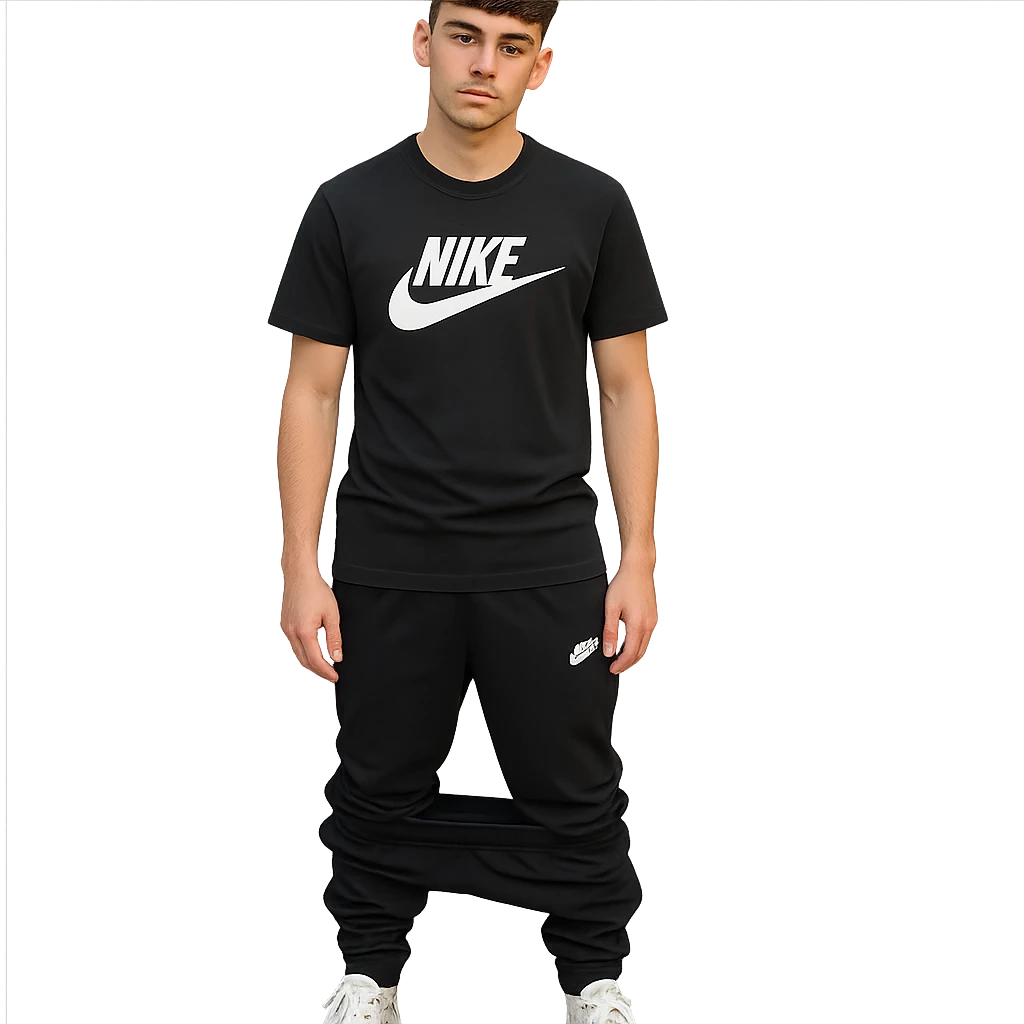 chico de pelo moreno, corte taper fade, flequillo a las cejas, camiseta Nike negra, pantalones Nike negros bajados, zapatillas Dior blancas emoji