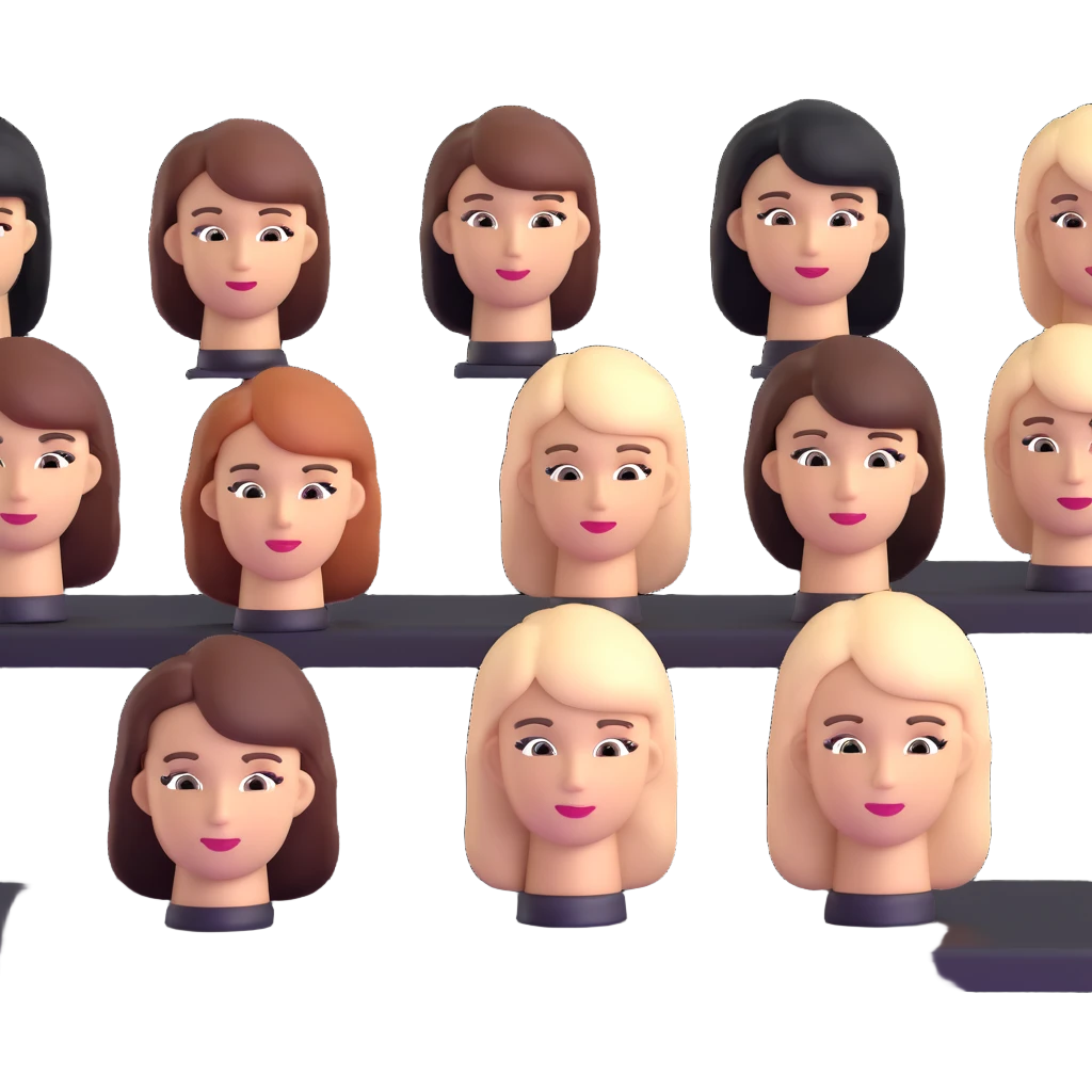 hair salon classroom with students practicing on mannequin heads emoji