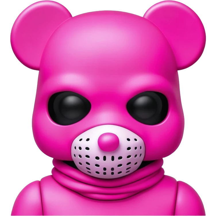 Bearbrick figure with KAWS-style X eyes, wearing a neon pink ski mask balaclava covering most of the face except for the X eyes emoji