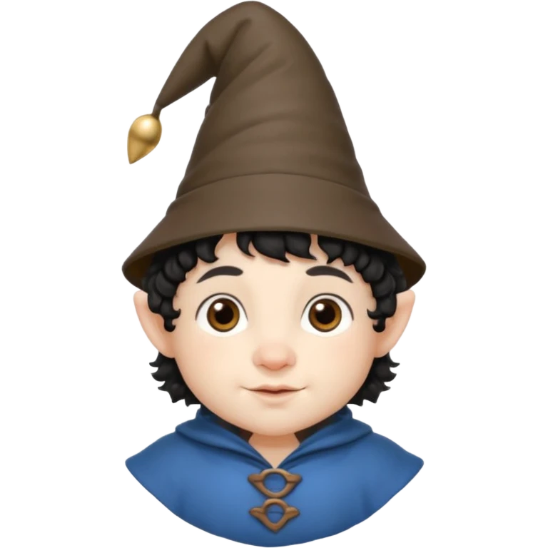 Gnomo con capelli ricci corti neri  occhi marroni e cappello a punta emoji
