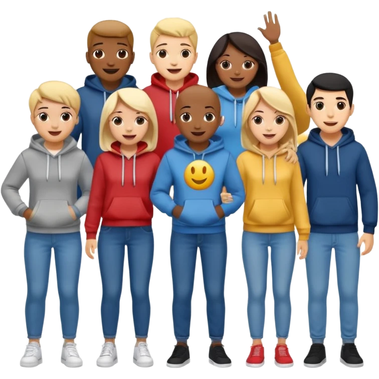 winners’ podium with multi-racial people, no numbers, fun casual clothes like jeans and hoodies, very excited, fun, expressive emoji style emoji
