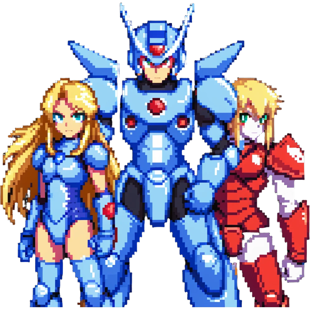 Megaman X in blue armor, Zero with long blonde hair and red armor, and Sigma with a scar, as friends posing together emoji