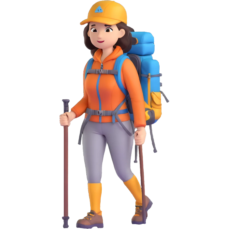 woman mountain climbing, female mountaineer with backpack and hiking poles emoji
