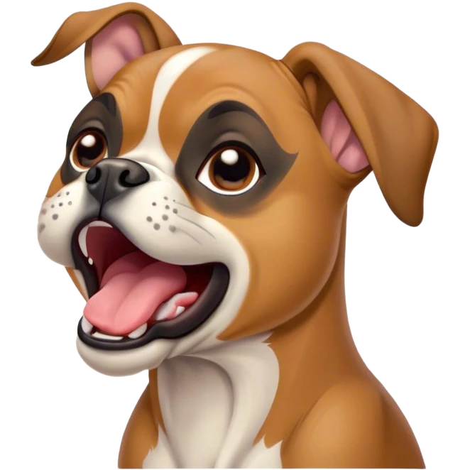 Cinematic Cute Yawning Fawn Boxer Dog Portrait Emoji, Head tilted slightly with a dramatic, wide-open yawn, showcasing a short fawn coat with a crisp white muzzle and chest, floppy ears slightly drooping, round brown eyes barely open in drowsy contentment, Simplified yet irresistibly adorable features, highly detailed, glowing with a soft, cozy glow, high shine, relaxed yet expressive, stylized with a touch of whimsy, bright and endearing, soft glowing outline, capturing the essence of a sleepy yet affectionate guardian, so drowsy it feels like it could stretch right out of the screen and curl up for a nap! emoji